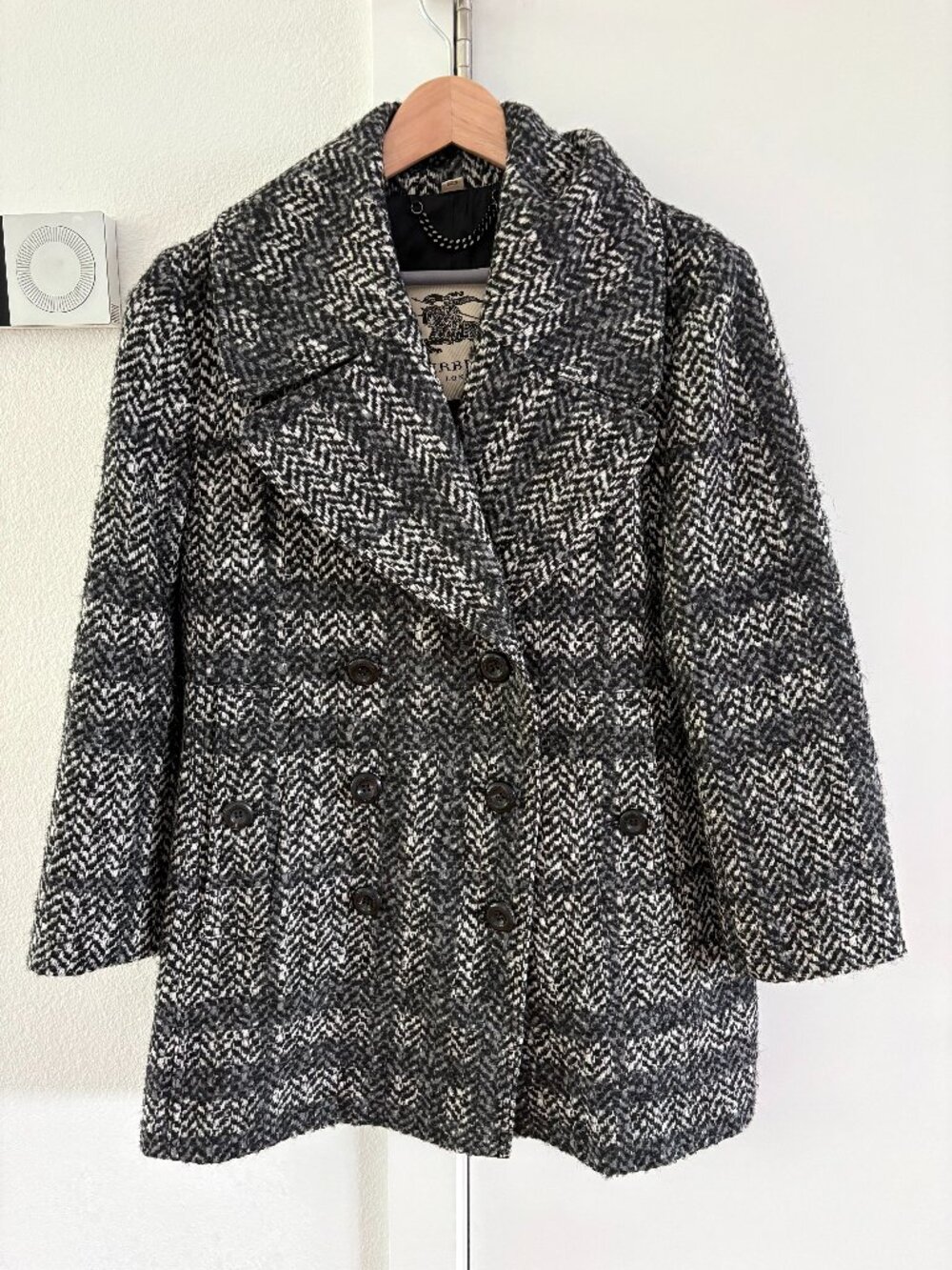 Burberry Prorsum / London black and white herringbone tweed double-breasted coat